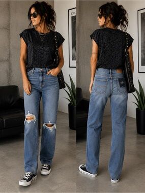 Hollister Medium Blue Straight-Leg Distressed Jeans